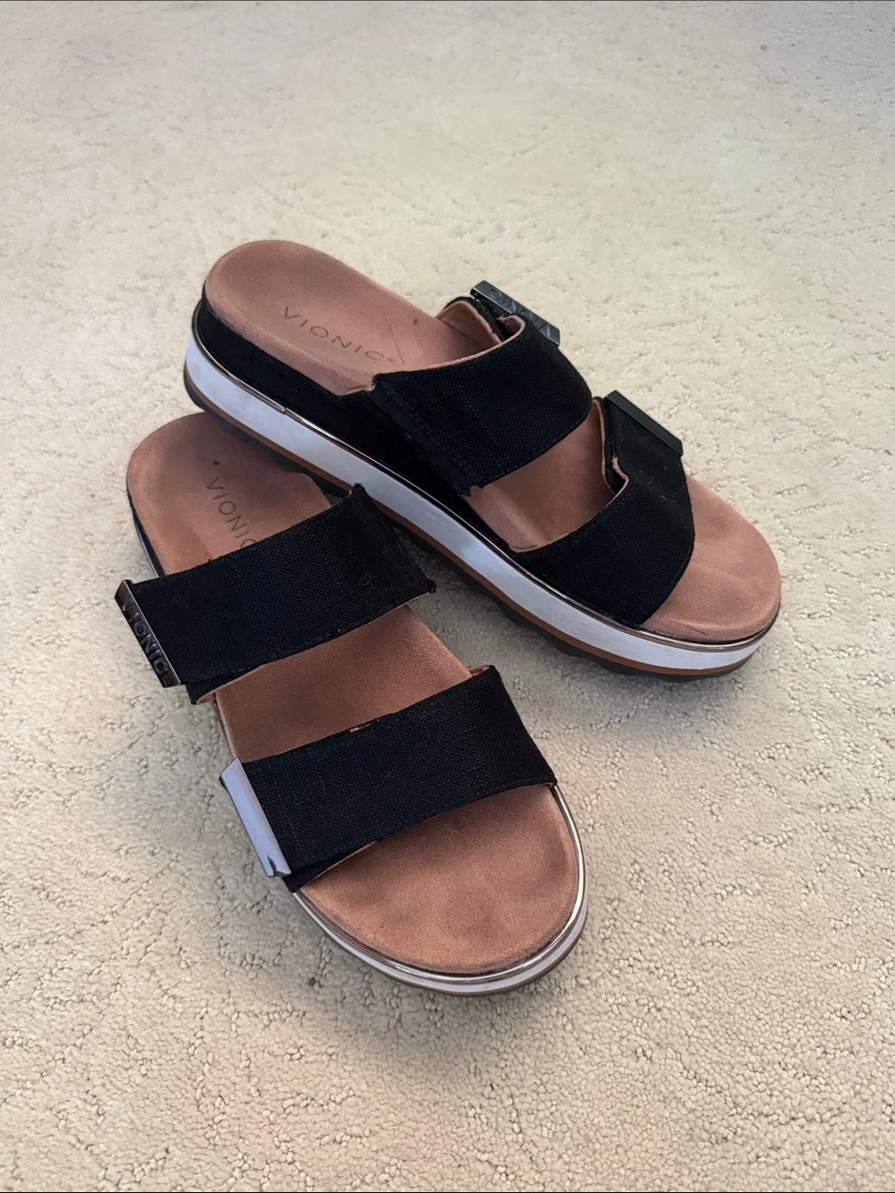 Vionic Black Dual-Strap Platform Slide Sandals